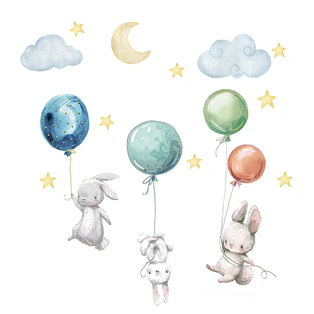 Flying Rabbits Wall Stickers Cute Lovely For Kids Balloons Moon Star Cloud Removable Decal Nursery Baby Room Decor Poster Mural