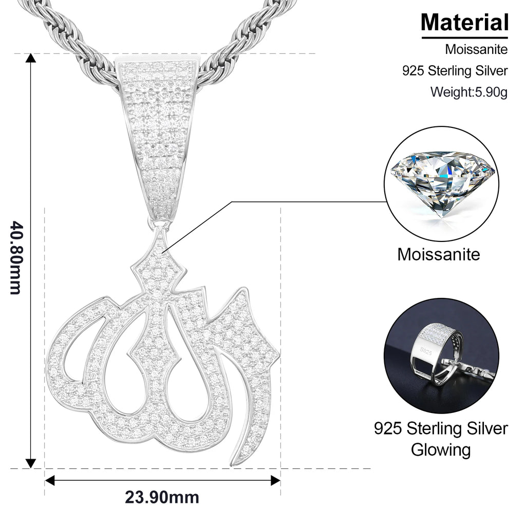 Moissanite Sparkling Full Diamond Islam Muslim Rune Pattern Pendant Allah Religious Necklace 925 Sterling Silver Men's Jewelry