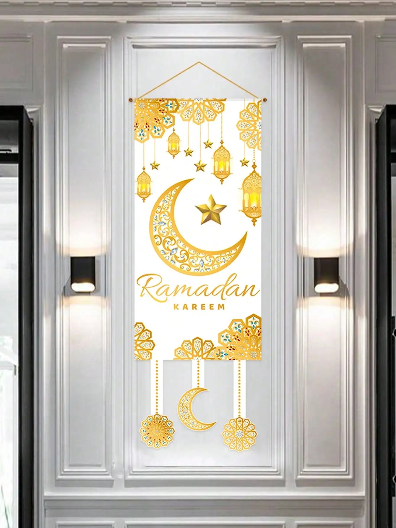 1Pc Ramadan Kareem Decorative Door Hanging Golden Star and Moon Lantern Flag Muslim Festival Party Decoration Banner Home Doorway Decorative Cloth