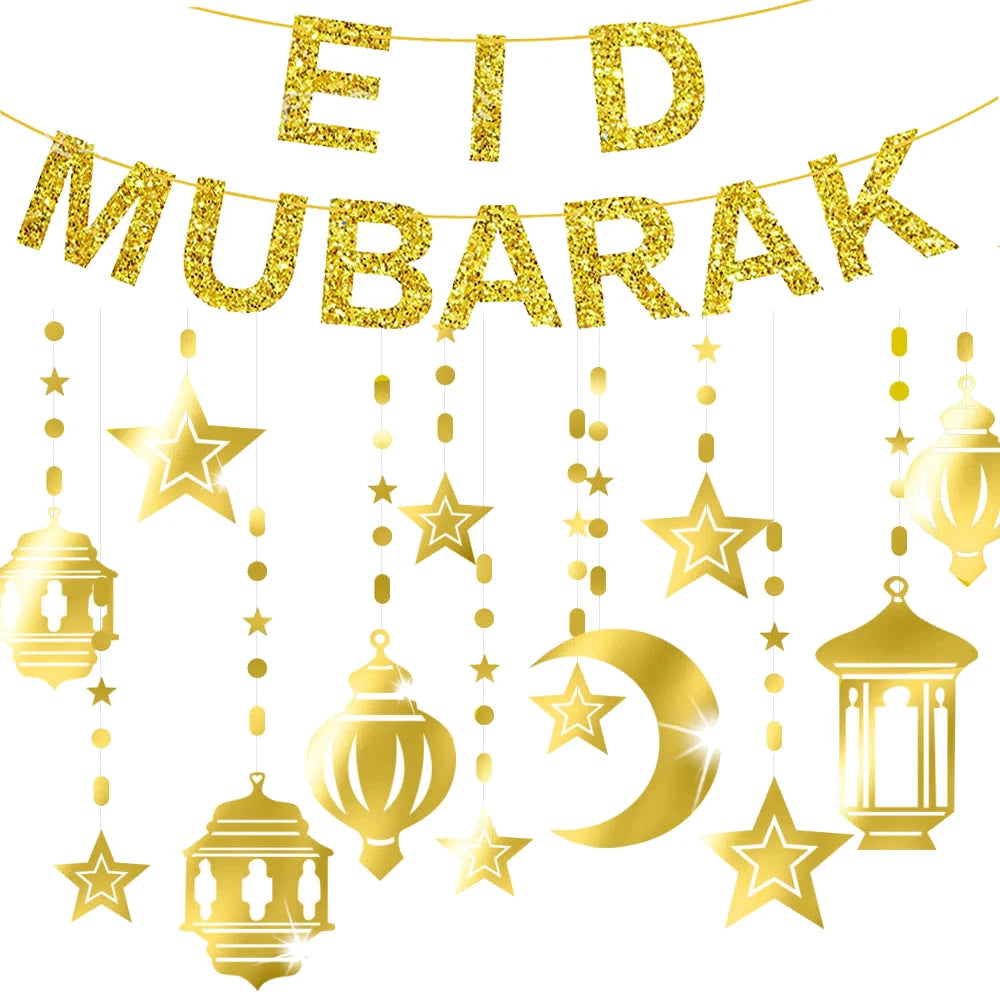 Eid Mubarak Banners Ramadan Mubarak Kareem Decorations Hanging Swirls Streamer Moon Star Party Decor lslam Muslim Party Supplies