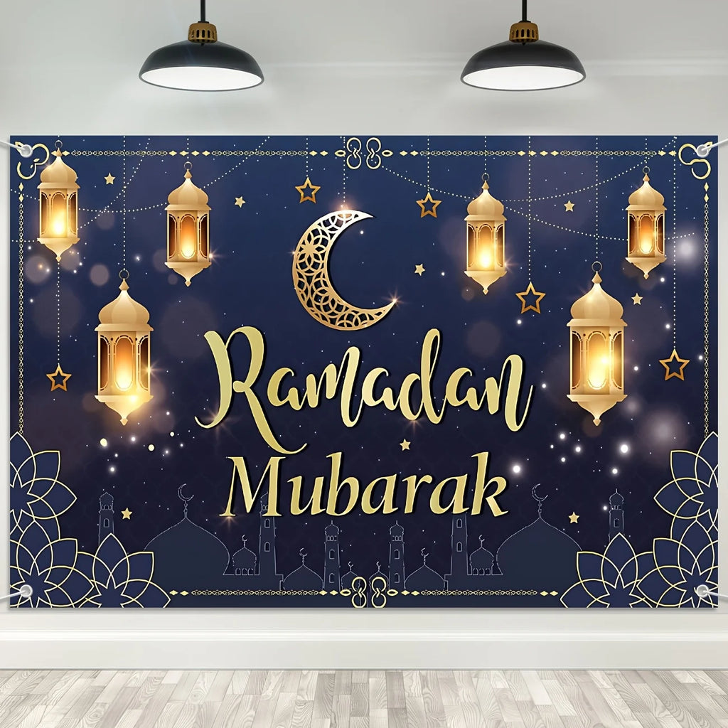 1pc Ramadan Mubarak Banner Blue polyester Eid al-Fitr indoor/outdoor decoration, festival hanging for family gatherings