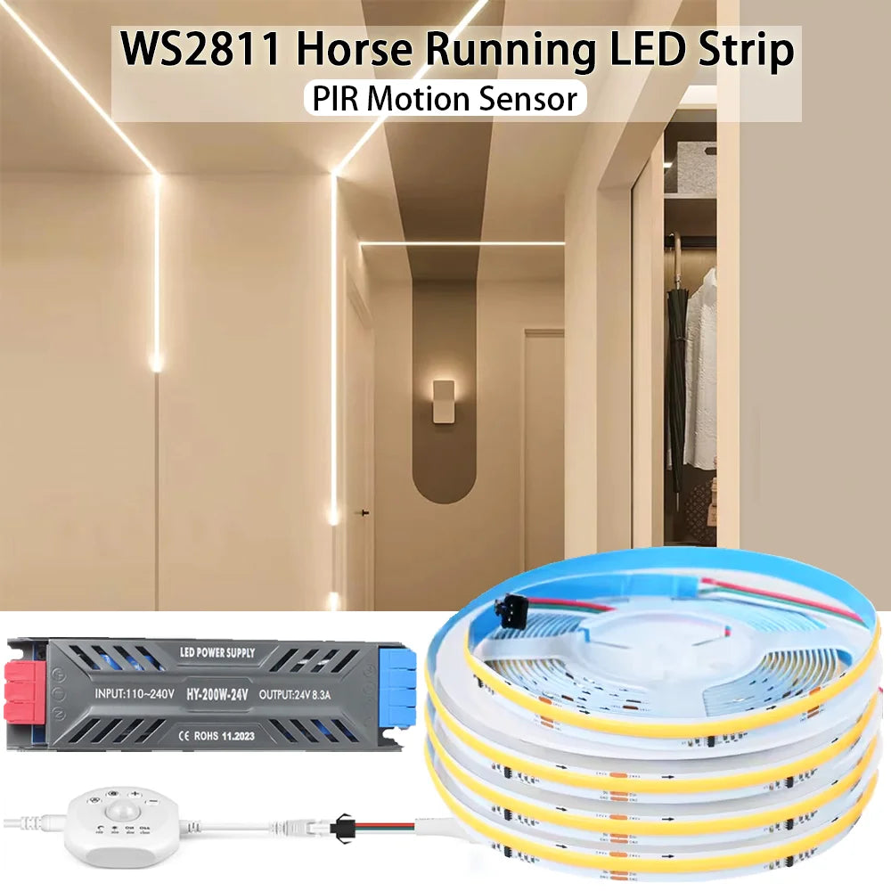 24V 5M 10M COB WS2811 Flowing Water Led Strip Sequential Horse Race Led Tape Light PIR Motion Sensor Dimmable ON/OFF Home decor