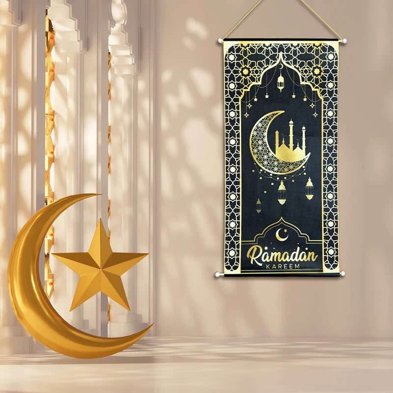 Eid Mubarak Decorations Ramadan Kareem Hanging Door Sign Ramadan Hanging Flag Welcome Wall Banner Eid Al-Fitr Party Supplies