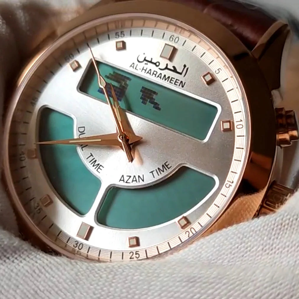 Muslim Watch with Alfajr Azan Time Iqamah Alarm for All Prayers English Arabic Language Saphire Genuine Leather Ramadan Gift