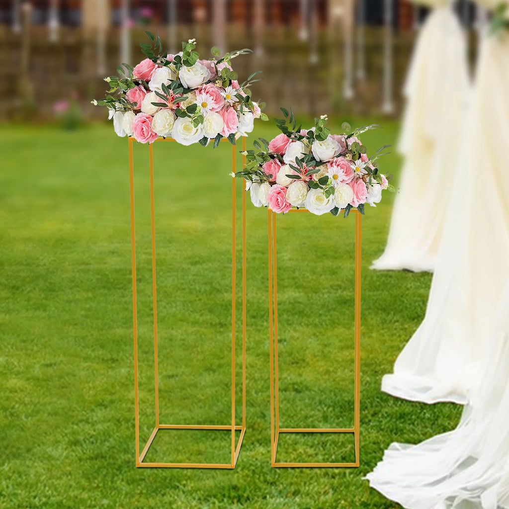 2Pcs Tabletop Flower Stands Metal Square Floral Decor Vase Floor Column Holder Gold Display Rack Road Guide for Wedding Party