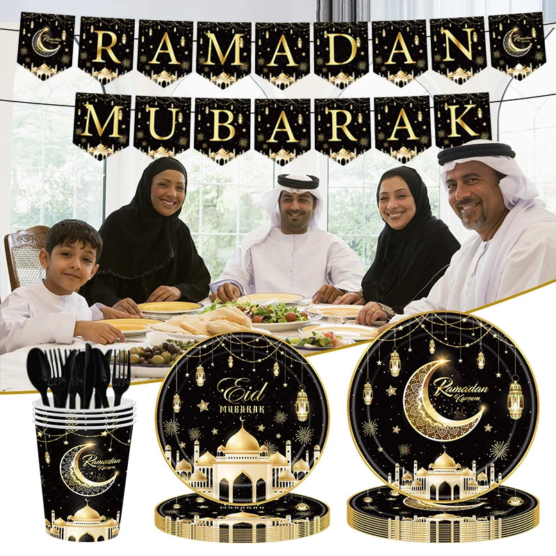 Ramadan Tableware Decorations Moon Star Party Supplies Hanging Cloth Eid Mubarak Banner Eid Plates Cups Tableware Decorations