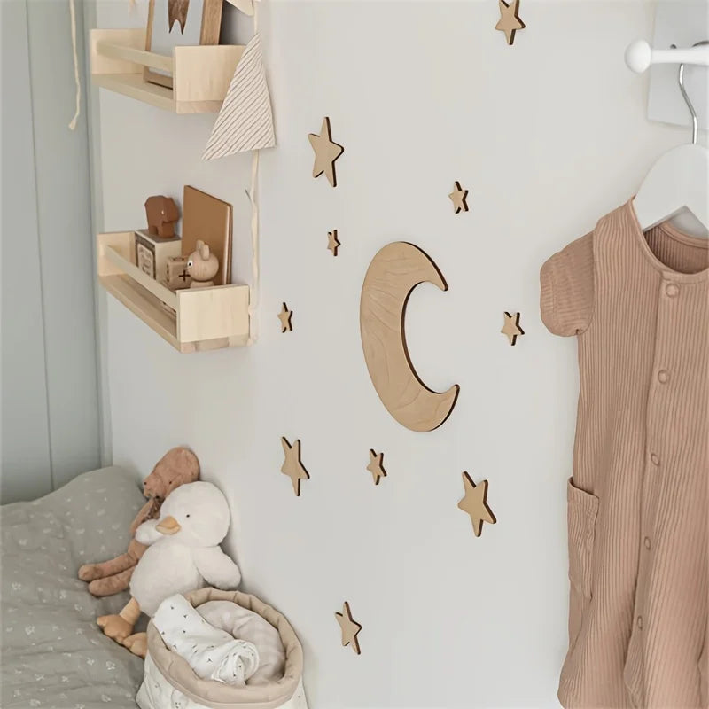 Ins Nordic Style Moon and Stars Wooden Self-Adhesive Decoration Set Home Space Theme Wall Art Decorative Wall Sticker Set