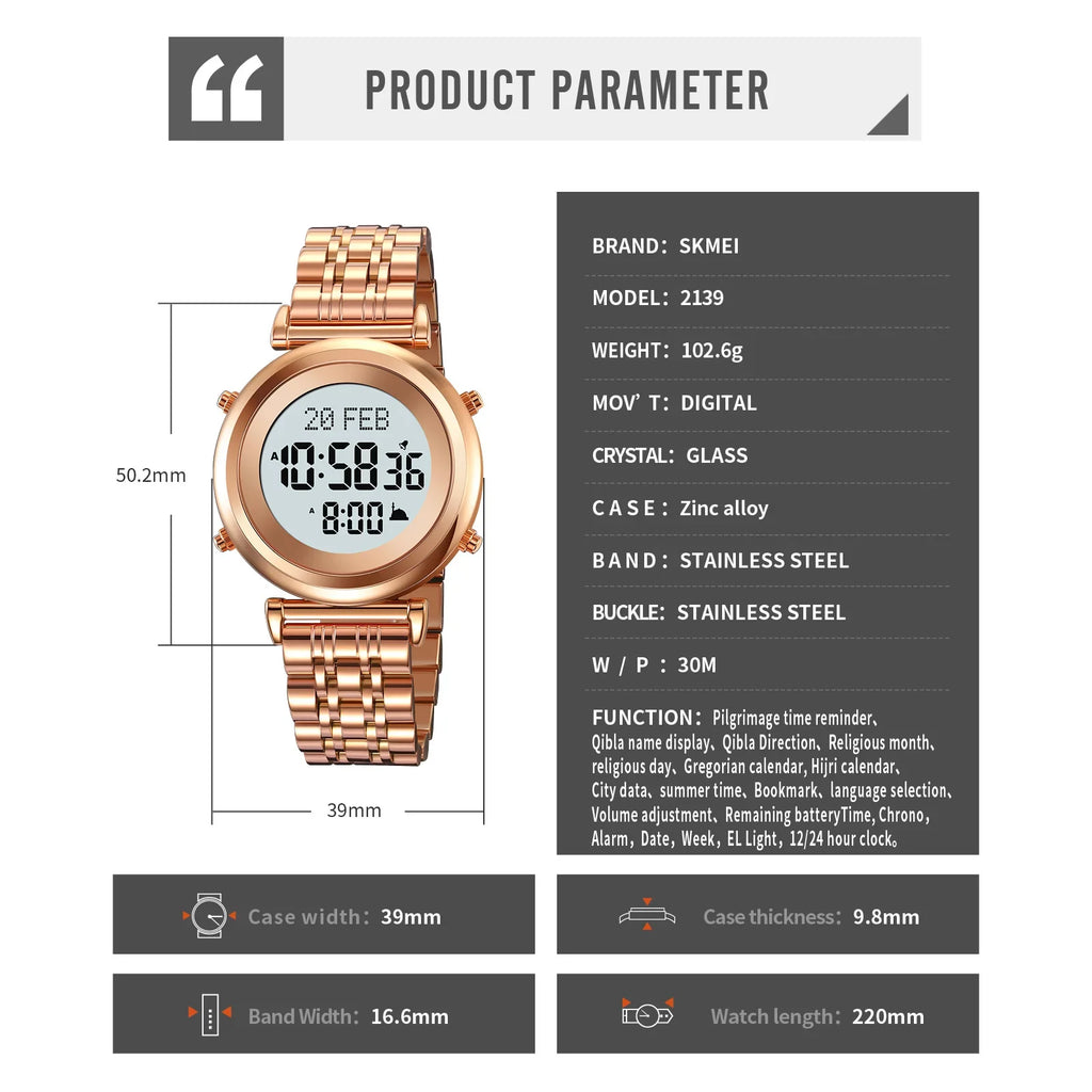 Muslim Azan Digital Watch Mens Back Light Waterproof Steel Hijri Islamic Wristwatch Prayer Qibla Compass Alarm Clock