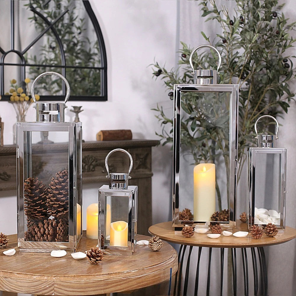 Stainless Steel Lantern Candlestick Eid Mubarak LED Wind Lamp Decor for Ramadan Kareem Aid Eid al-Fitr Home Wind Lantern Decor