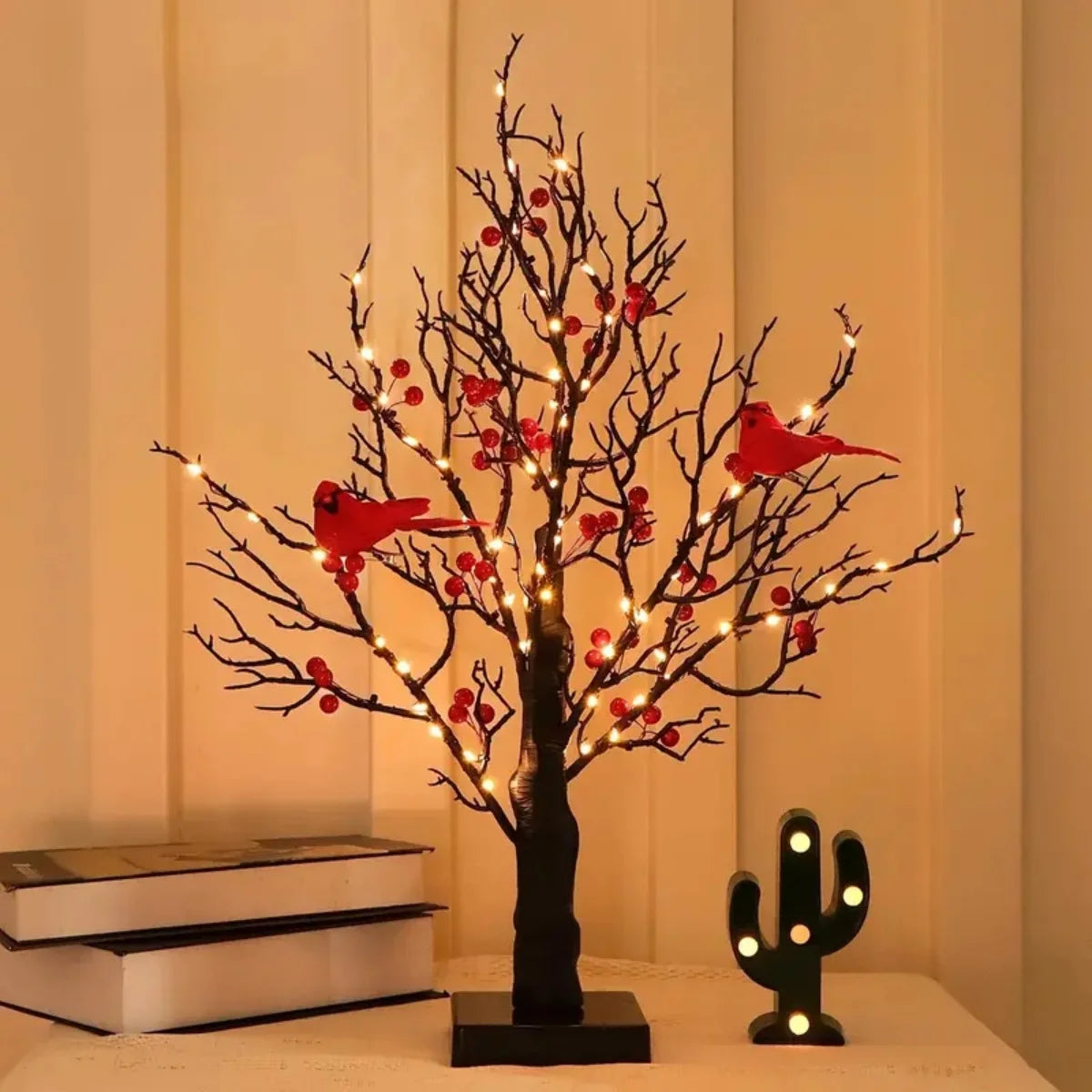1pc 60 LED Black Artificial Birch Lighting With Red Berry And Bird Parrots Battery Operated Tabletop Mini Artificial Tree Lamp