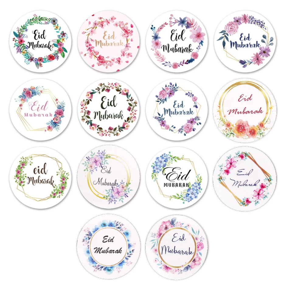 96PCS Eid Mubarak Stickers 3cm Flower Wreath Paper Stickers Ramadan Kareem Muslim Islamic Party Decor DIY Gifts Wrapping Supply