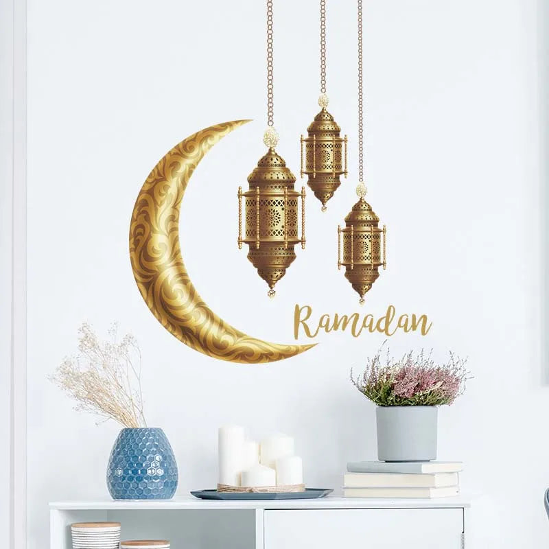 Ramadan Kareem Wall Stickers Moon Star Lantern Wall Decal 2024 Eid Mubarak Decorations for Home Muslim Islamic Party Decorations
