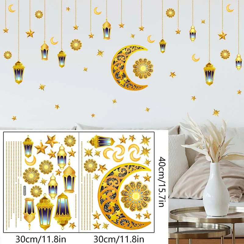 Ramadan Kareem Wall Stickers Moon Star Lantern Wall Decal 2024 Eid Mubarak Decorations for Home Muslim Islamic Party Decorations