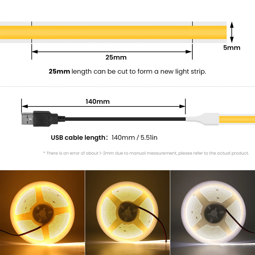 USB Dimmable COB LED Strip Light 3MM 5MM 8MM RA90 High Density 320LEDs/M 3000K 4000K 6500K FOB Flexible Ribbon Tape Rope Lamp