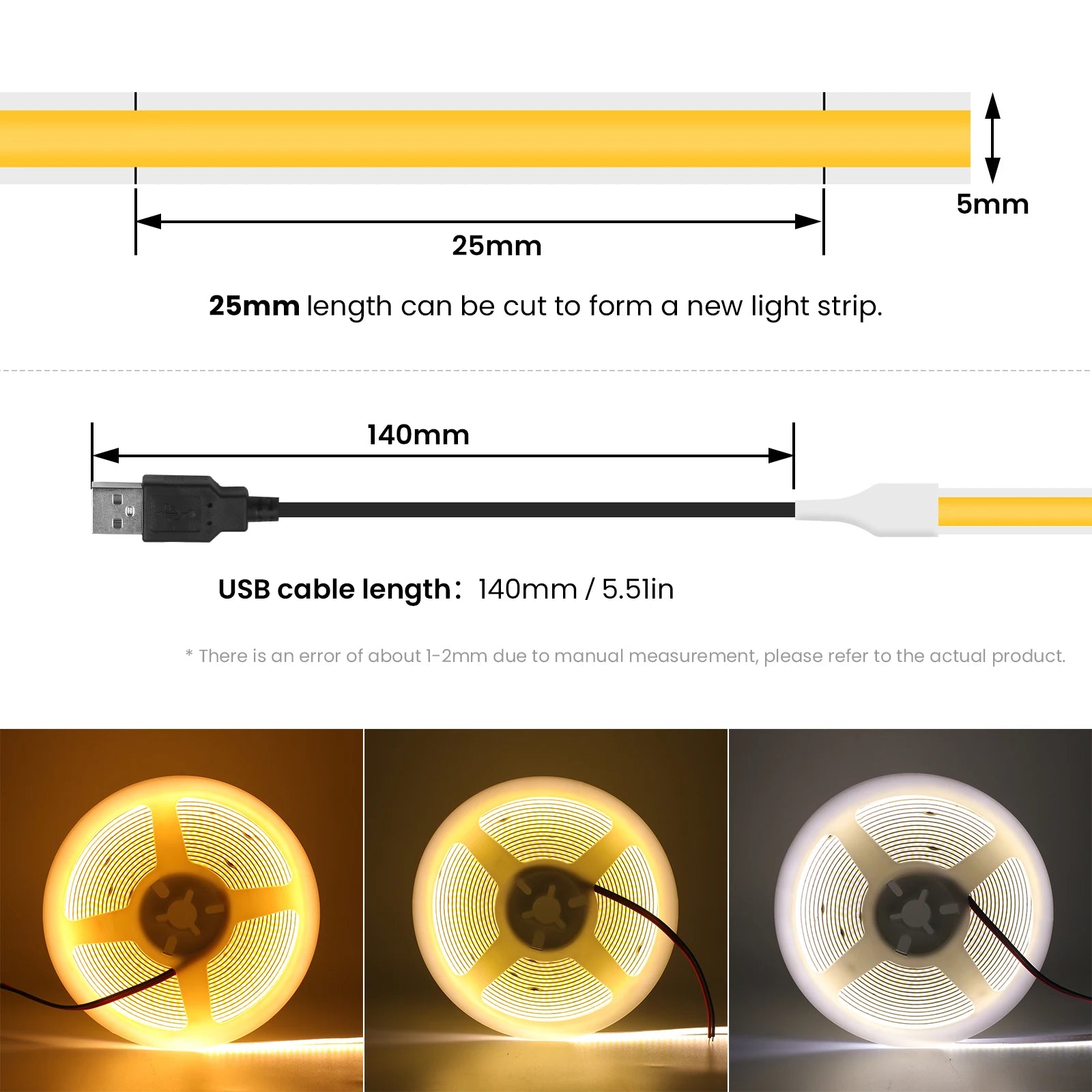 USB Dimmable COB LED Strip Light 3MM 5MM 8MM RA90 High Density 320LEDs/M 3000K 4000K 6500K FOB Flexible Ribbon Tape Rope Lamp