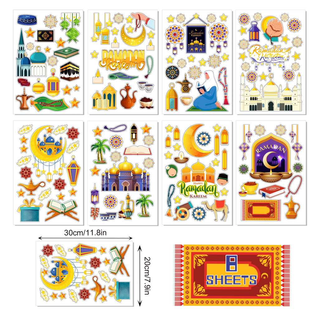 8 Sheets Eid Ramadan Party Window Static Stickers Decoration,Glass Clings Party Backdrops Decals For Eid al-Fitr Party Supplies