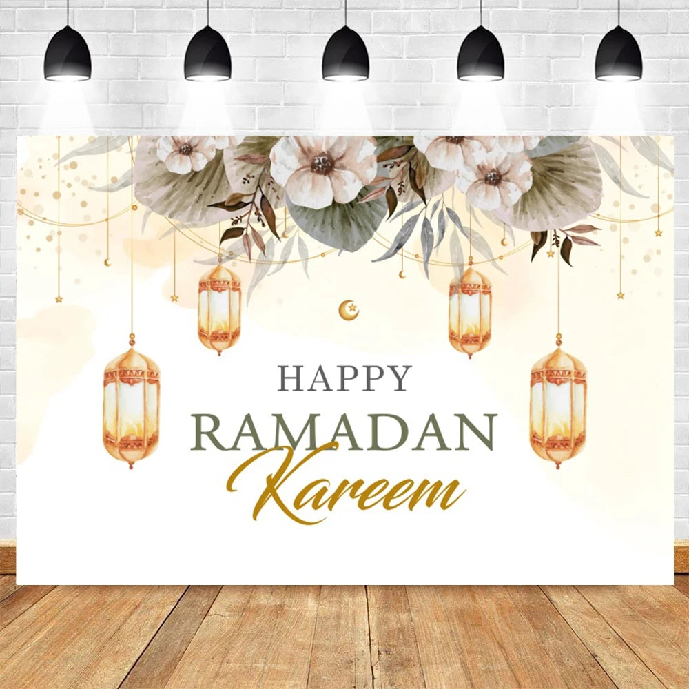 Ramadan Kareem Photography Backdrop EID Mubarak Islamic Mosque Lamps Moon Star White Cloud Photo Background Studio Poster Decor