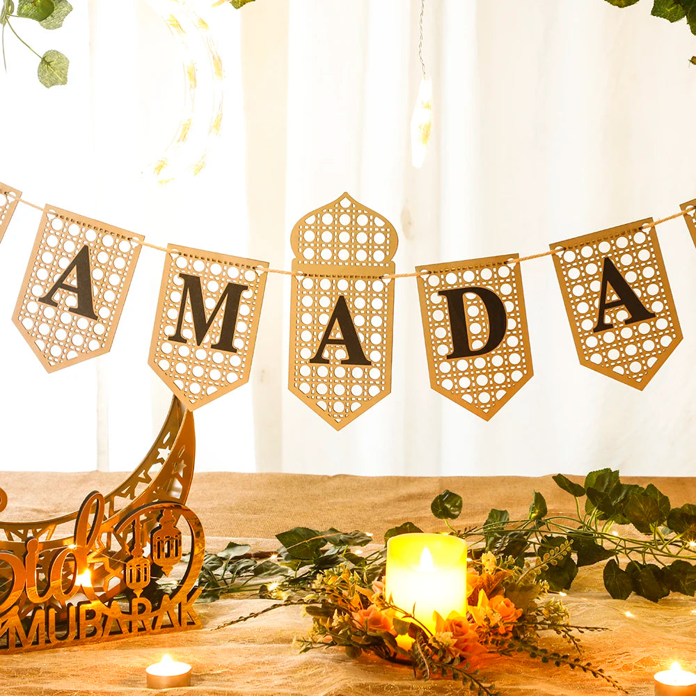 Ramadan Mubarak Banner Hollow Lantern Hanging Garland for Islamic Muslim Eid Festival Home Party Ornament Wall Decor Supplies