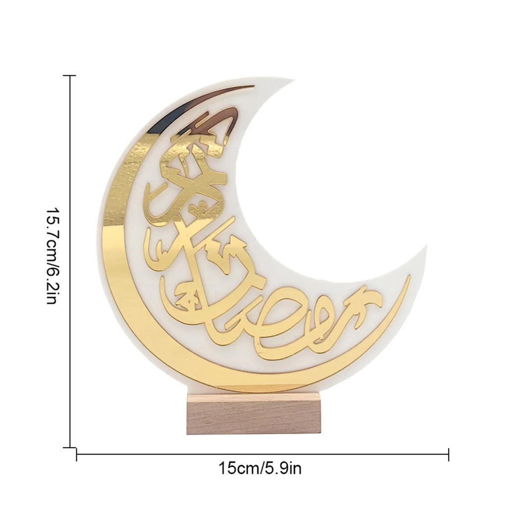 Ramadan Elegant White & Gold Crescent Moon Acrylic Decoration  Eid Calligraphy Moon Table Stand Ramadan Party Home Decorations