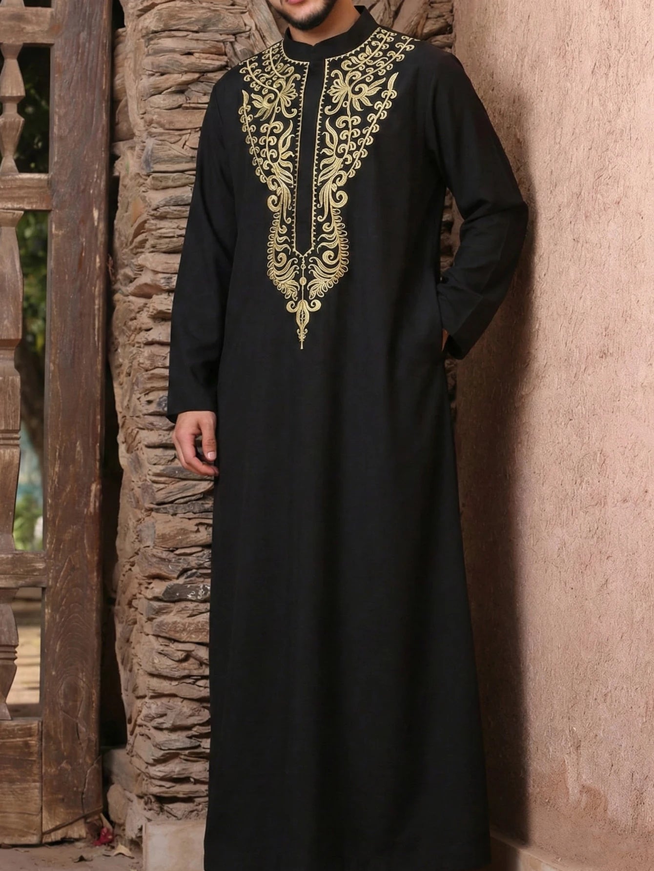 Muslim men's thobe long-sleeved embroidered Saudi Arabia elegant Islamic traditional clothing for festivals Arab Robe Dress