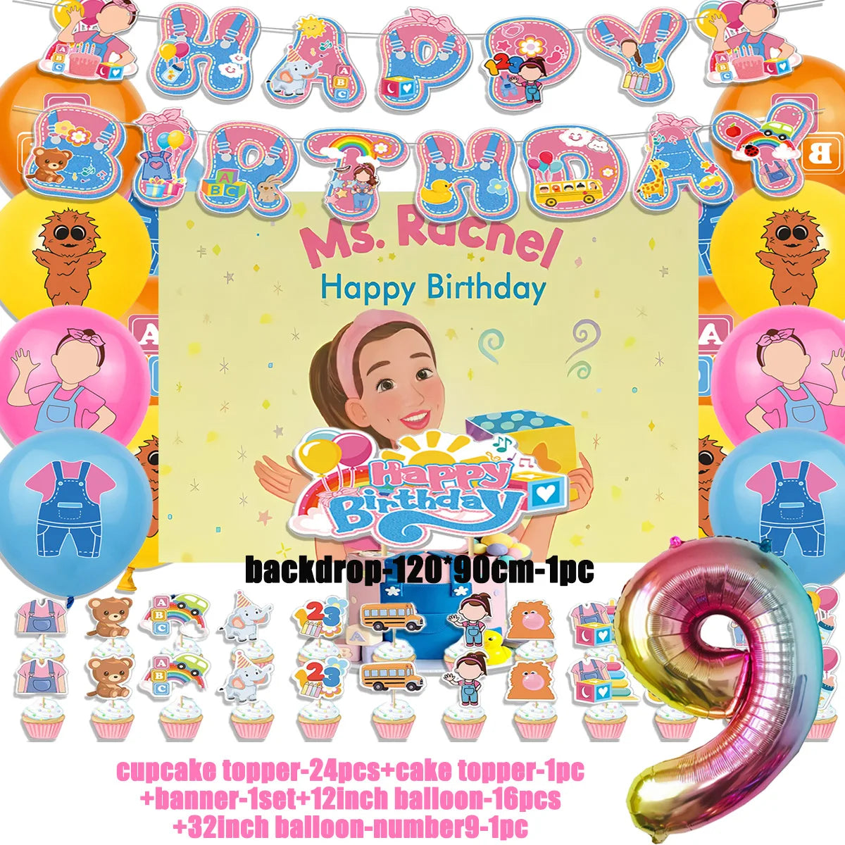 Cartoon English Teacher Theme Child Birthday Party Decor Ms&Racheled Balloon Banner Backdrops Cupcake Toppers for Kids Gifts