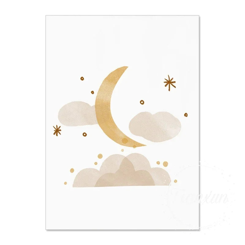 Nursery Wall Art Sun Stars Moon Earth Posters And Prints Children's Room Decoration Cartoon Universe Picture For Kid Room Poster