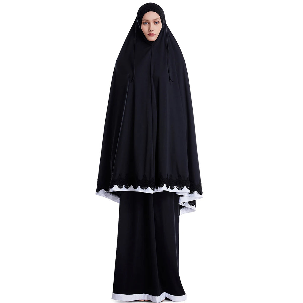 Muslim Women Burqa Dress Lace Two-piece Suit Ethnic Lady Hijab Abaya Suit Ramadan Eid Prayer Garment