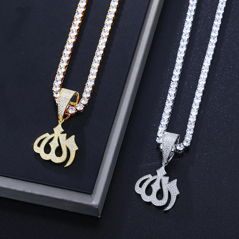 Moissanite Sparkling Full Diamond Islam Muslim Rune Pattern Pendant Allah Religious Necklace 925 Sterling Silver Men's Jewelry