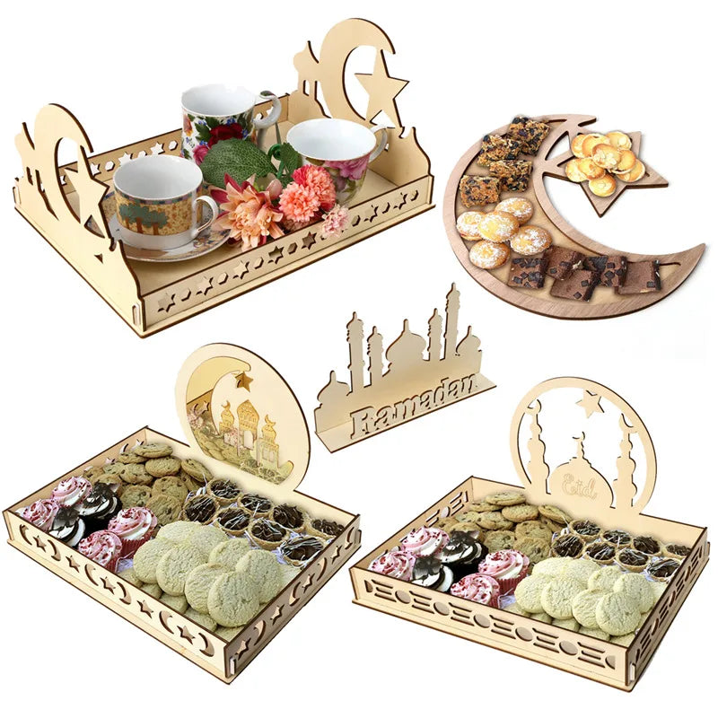 EID Mubarak Decor Wooden Tray Ramadan Decoration for Home Islamic Muslim Party Decor Mubarak Ramadan Kareem Gift Eid Al Adha