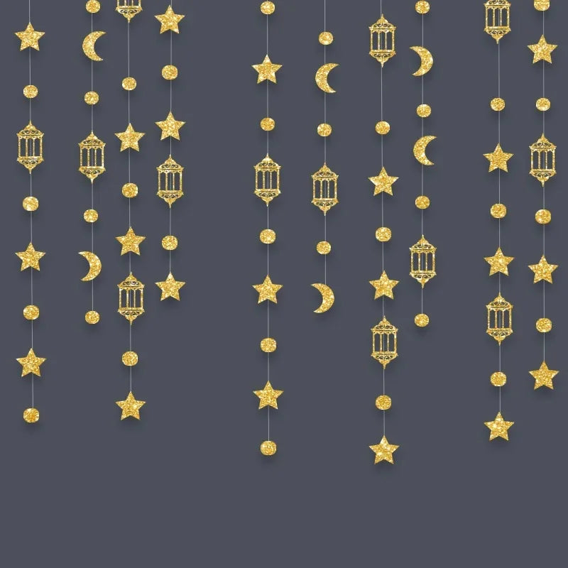 Gold Eid Mubarak Ramadan Decor Paper Star Moon Circle Dot Crescent Lamp Garland for Home Muslim Party Backdrop Banner Decoration