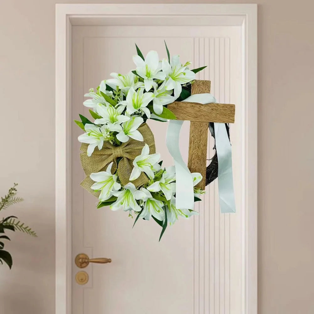 45cm Easter Cross Wreath Easter Wreath Imitation Plant Spring Wreath Door Hanging Decoration Flower Wreath Festival Home Garland