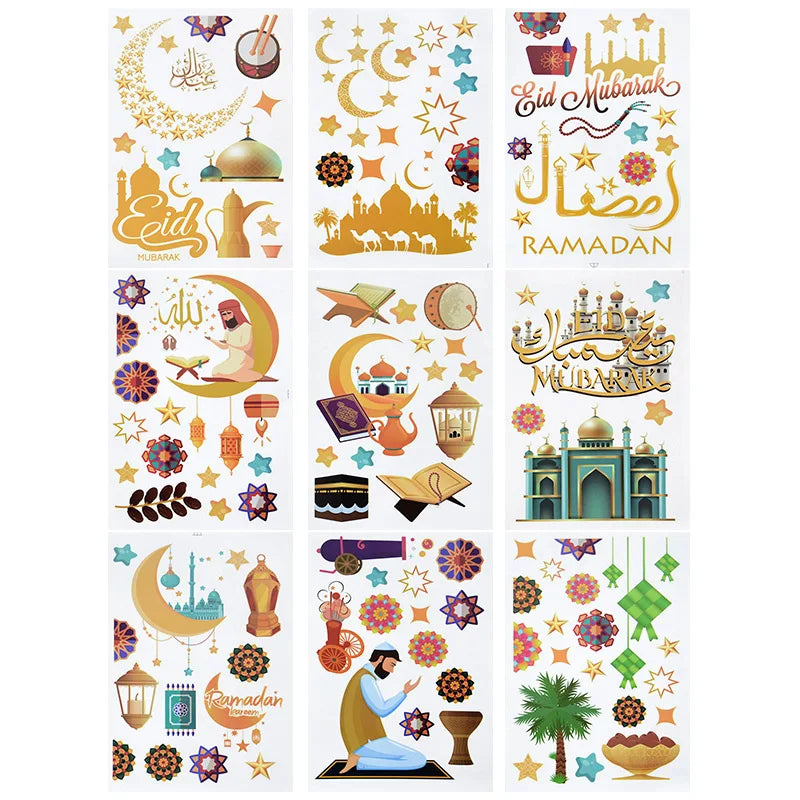 Eid Mubarak Ramadan Decorative Stickers 9pcs Islamic Patterns Self-Adhesive For Wall Window Gift Packaging Party Decor Supplies