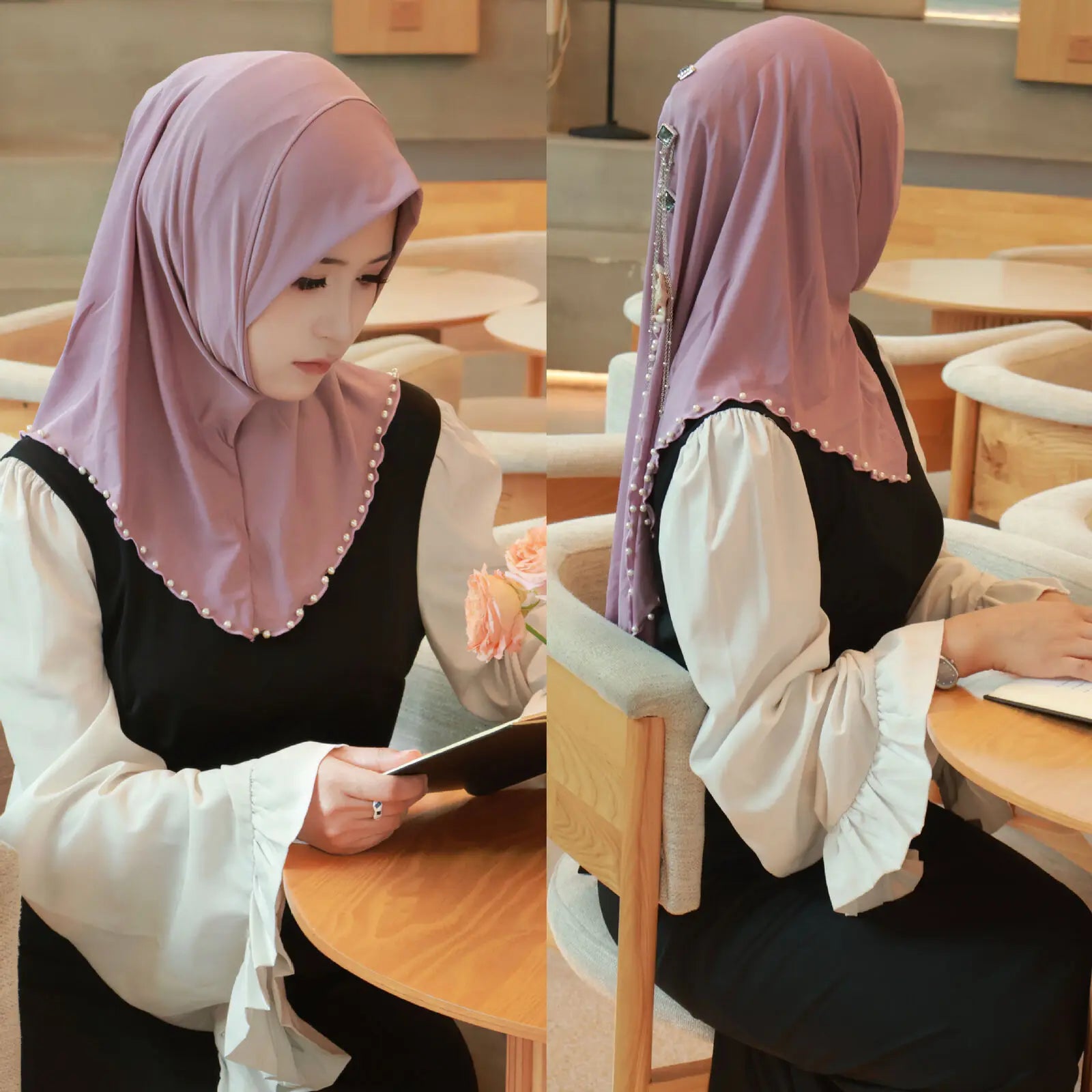 Women Fashion Beaded Headscarf Wear Directly Instant Hijab Arab Islamic Khimar Laides Shawls Eid Ramadan Turban