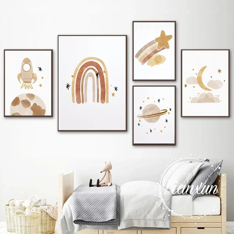 Nursery Wall Art Sun Stars Moon Earth Posters And Prints Children's Room Decoration Cartoon Universe Picture For Kid Room Poster