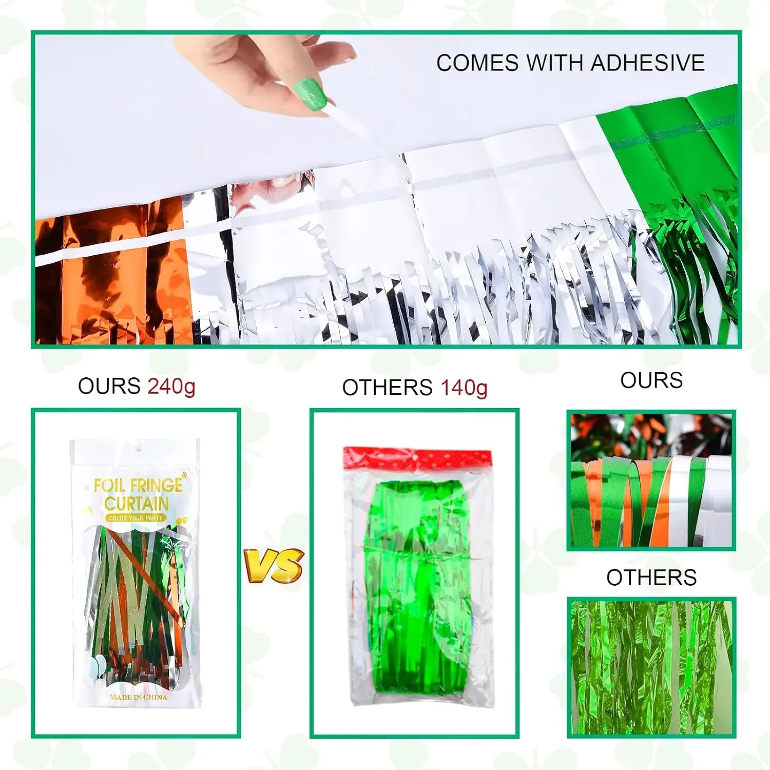 3 Pack St. Patrick's Day Foil Fringe Curtains Green White Orange Tinsel Fringe Photo Booth Prop Backdrop for Irish Party Decor