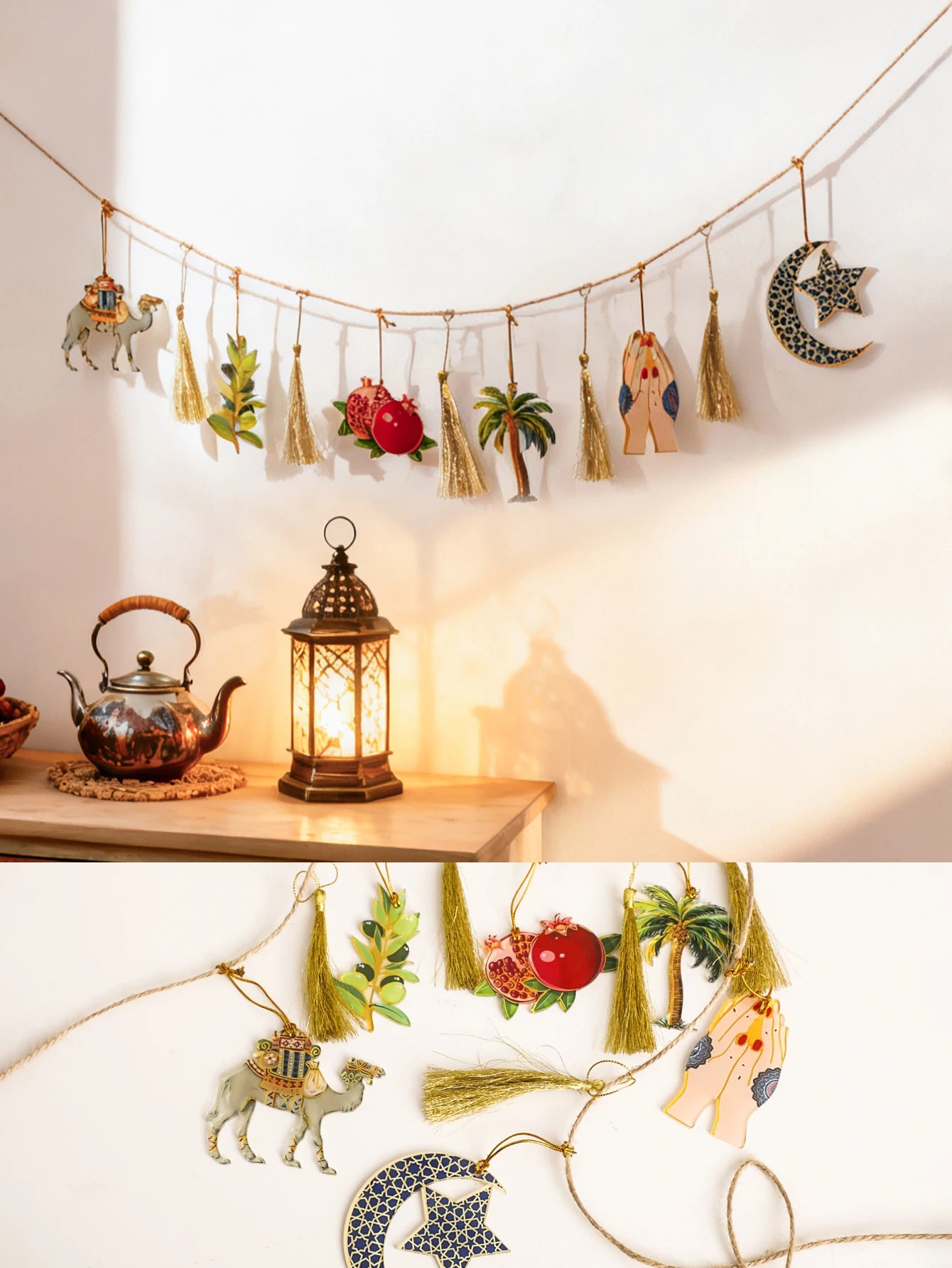 Ramadan Kareem Hanging Garland Islamic Camel Pomegranate Palm Moon Star Decor for Muslim Festival Home Party Wall Ornament Gifts