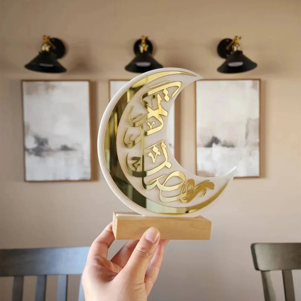 Ramadan Elegant White & Gold Crescent Moon Acrylic Decoration  Eid Calligraphy Moon Table Stand Ramadan Party Home Decorations