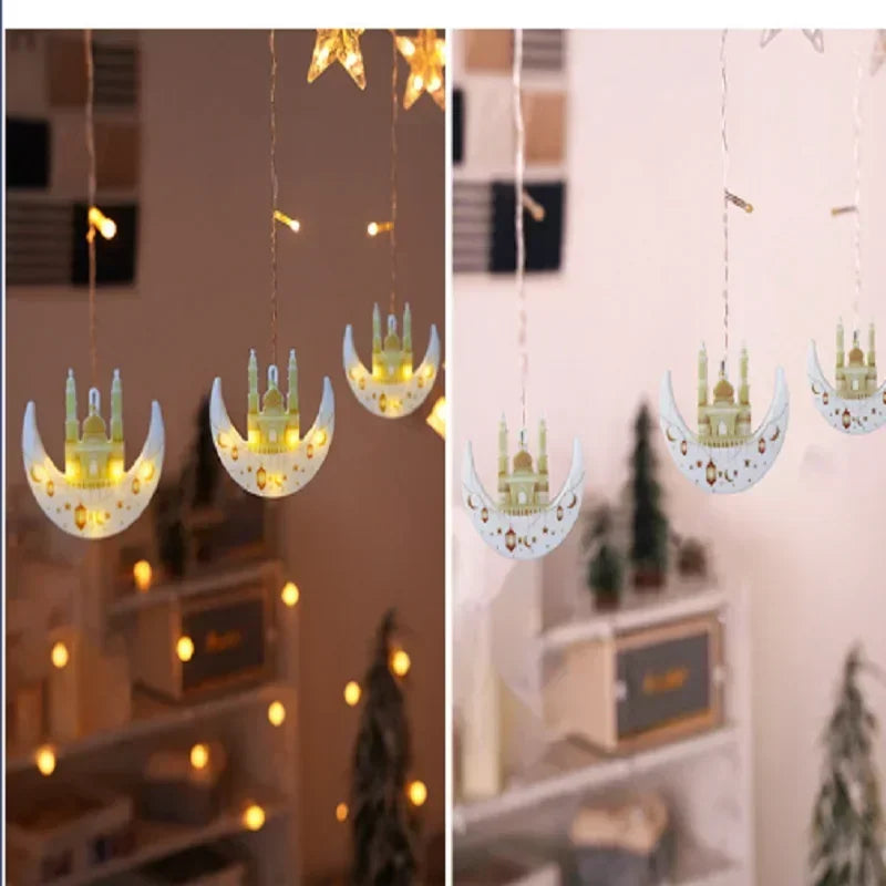 Ramadan String Lights LED Curtain with Moon Castle for Eid Mubarak Celebration Islamic Festive Window Decor Home Atmosphere