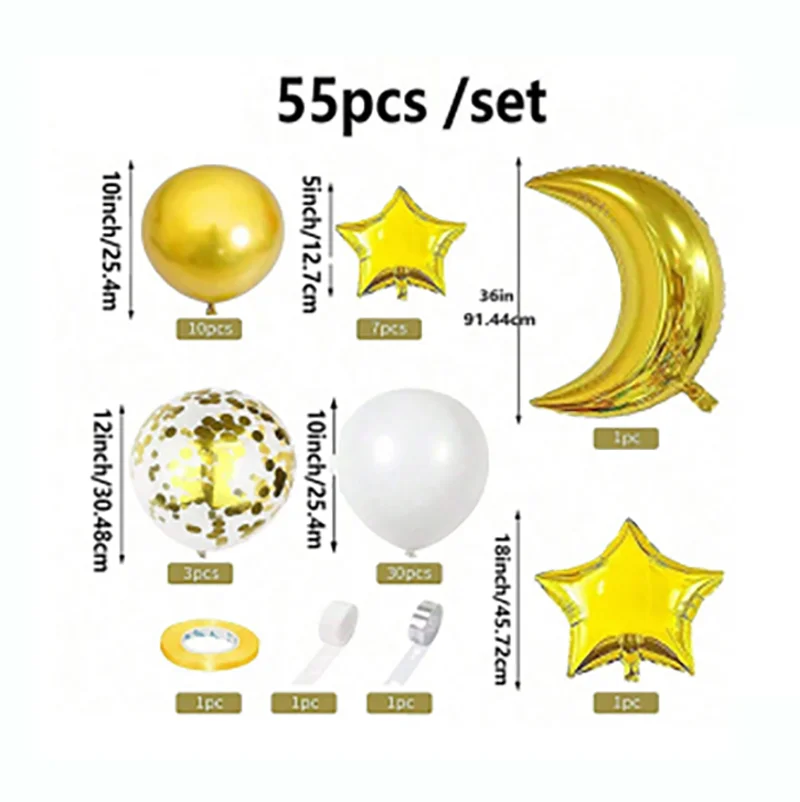 55/60pcs Gold Silver Rose Gold Moon Star Balloon Set Birthday Wedding Eid al Fitr Ramadan Party Decoration