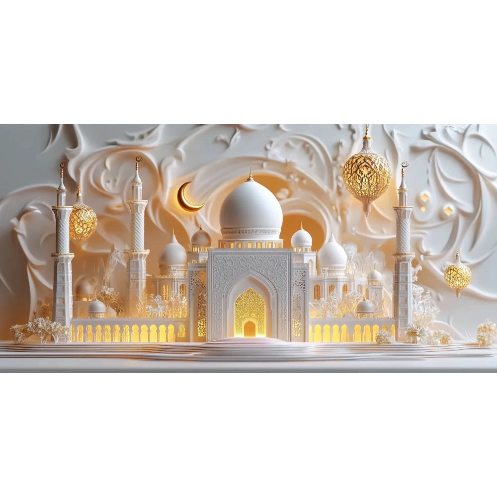 Golden Moon Eid Mubarak 2025 Decor Banner Background Lights Ramadan Kareem Islamic Building Muslim House Party Photo Backdrop
