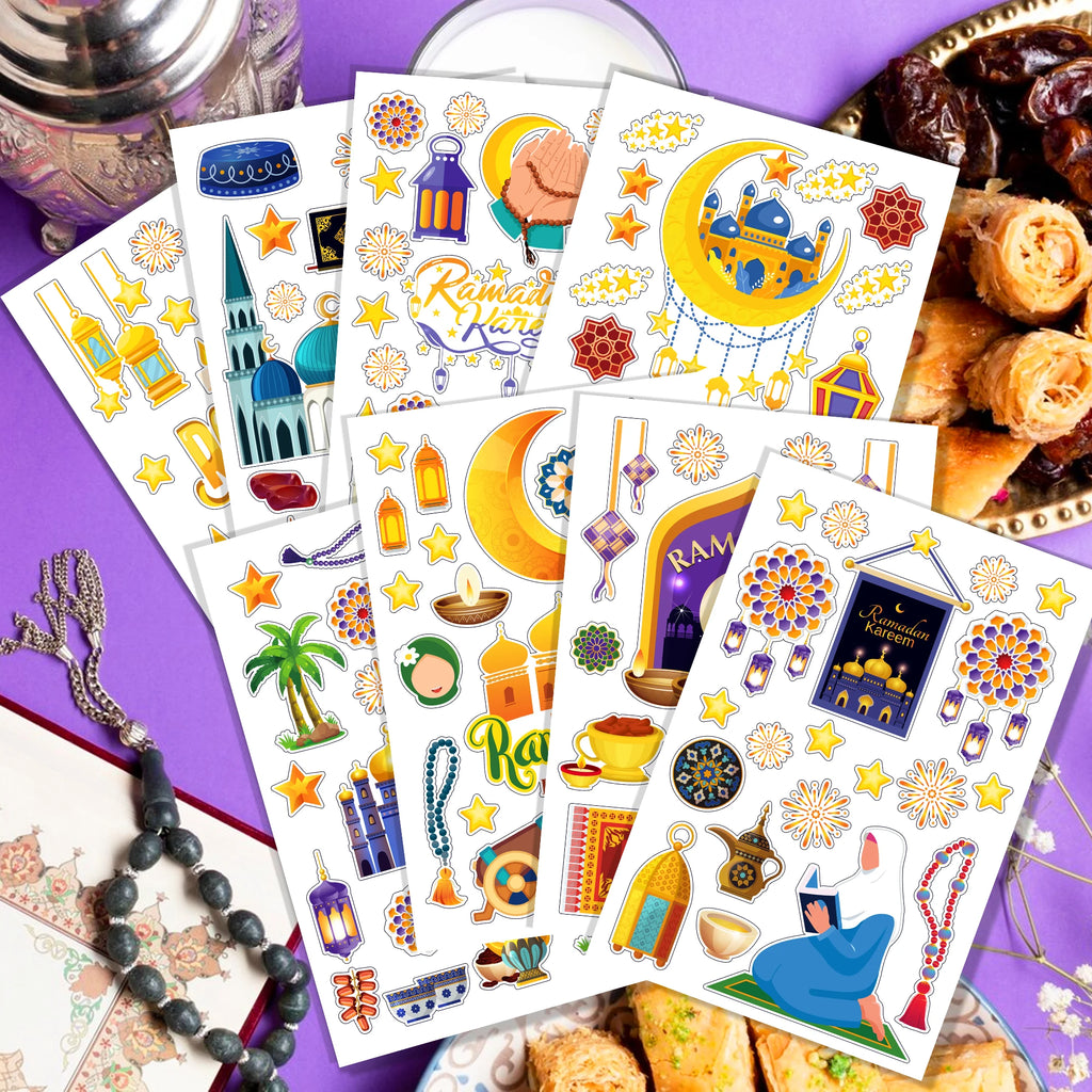 8 Sheets Eid Ramadan Party Window Static Stickers Decoration,Glass Clings Party Backdrops Decals For Eid al-Fitr Party Supplies