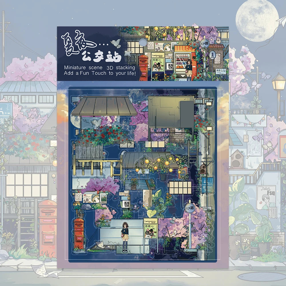 1 Set Miniature Scene DIY Stickers Summer Night Bus Stop Kit Desk Bookcase Decor Casual Play Toy For Art Lovers Holiday Present