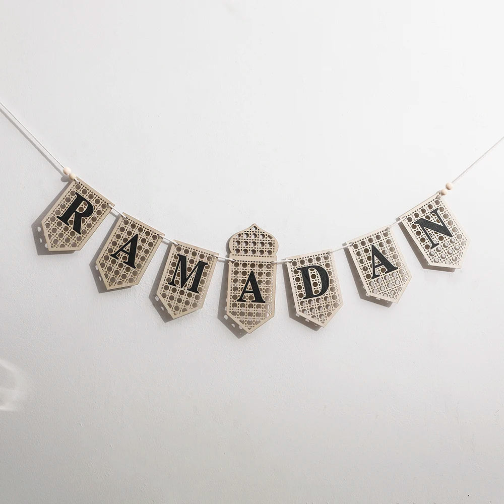 Ramadan Mubarak Banner Hollow Lantern Hanging Garland for Islamic Muslim Eid Festival Home Party Ornament Wall Decor Supplies