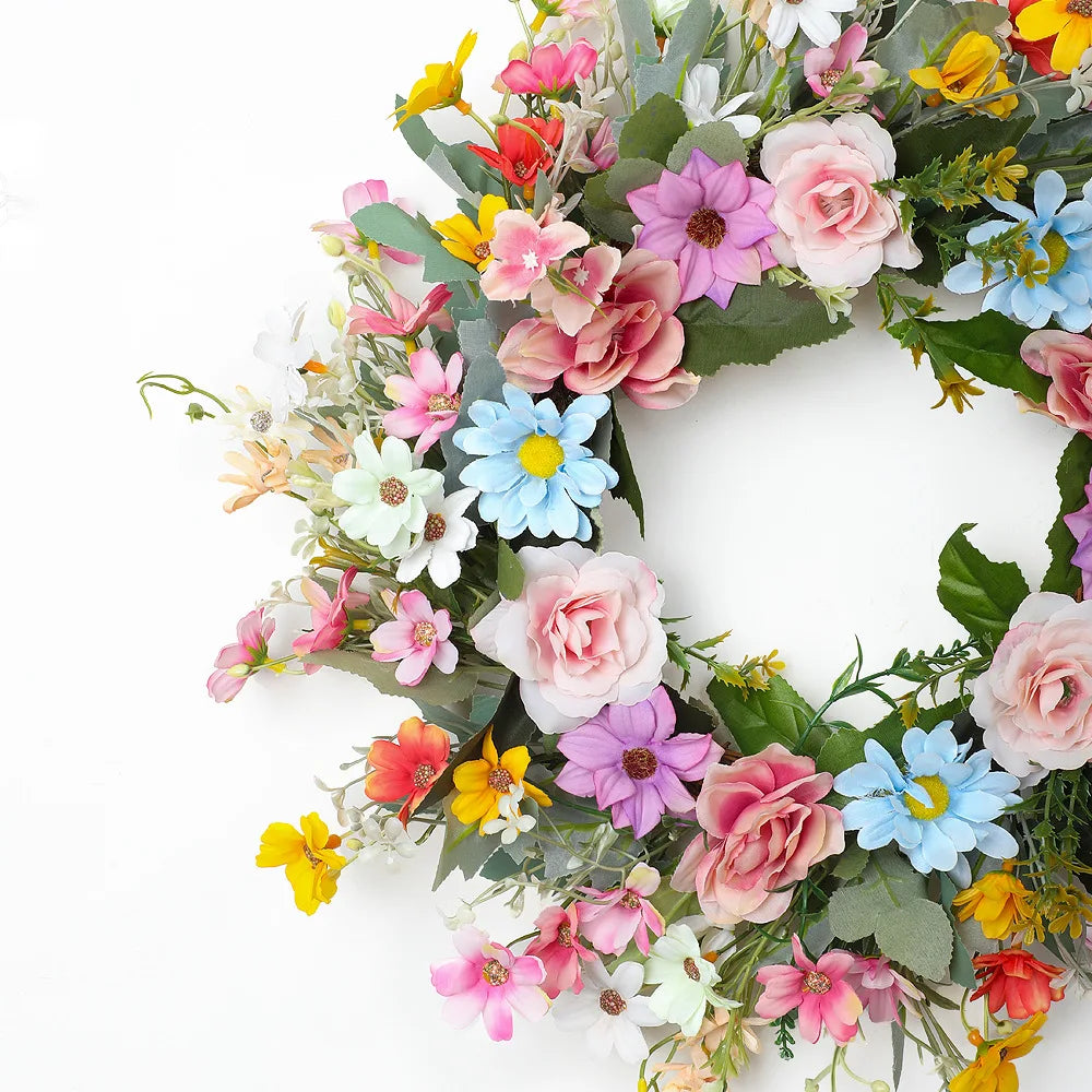 YeeNanee Vibrant Wild Flowers Spring Wreaths for Front Door Artificial Daisy Tulip Lambs Ear Summer Wreath Home Wall Decoration