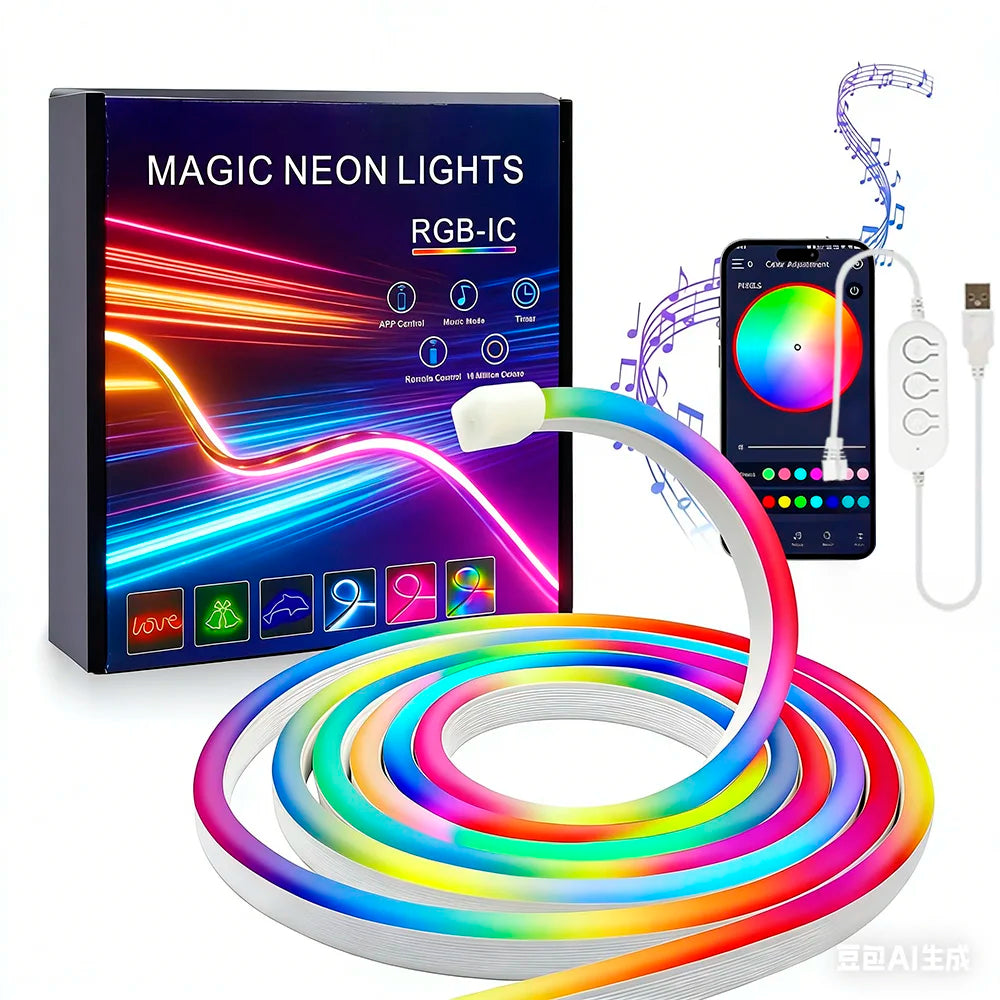 RGB-IC Neon LED Strip Lights USB 5V Neon Rope Light APP Control Music Sync Waterproof Flexible Neon Lights for Room Decor Light