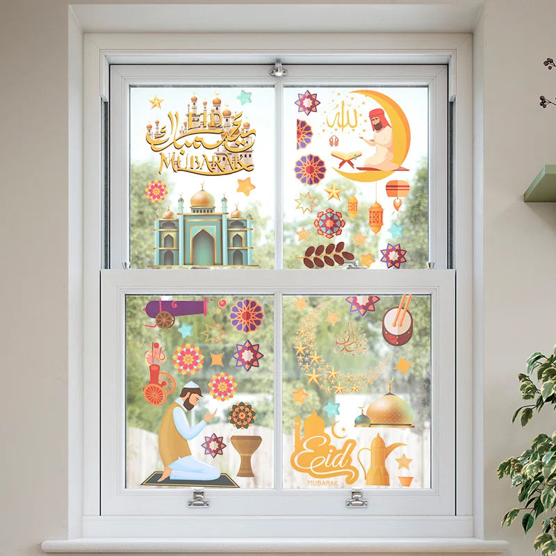 9pcs Eid Mubarak Window Stickers Islamic Muslim Party Supplies Ramadan Kareem Decoration for Home Eid Al-fitr Gifts
