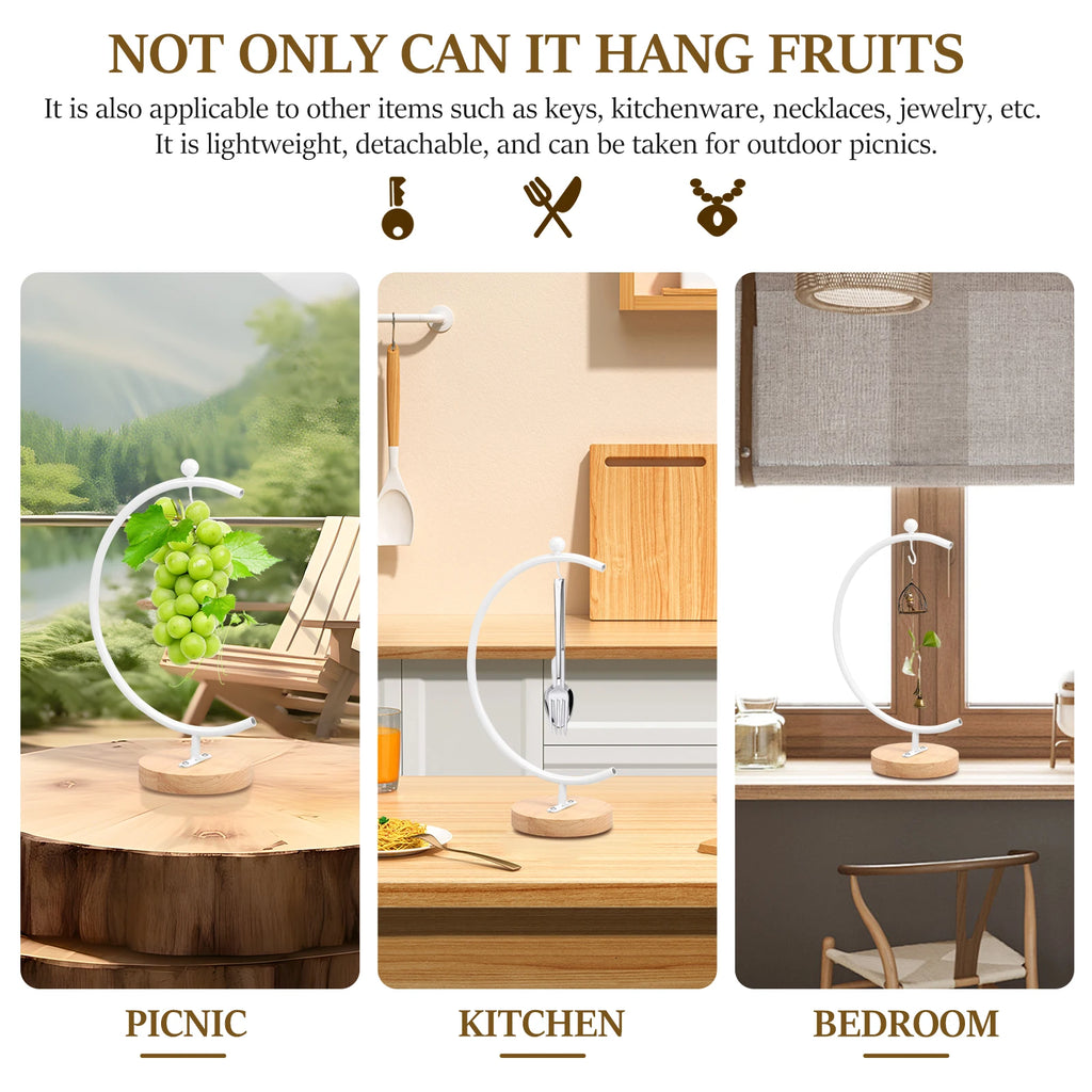 Banana Holder Stand Moon Shape Banana Hanger Rack Metal Fruit Hanger with Wood Base Stable Banana Hanger Stand Decorative