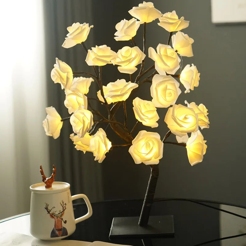 LED Rose Flower Tree Table Lamp USB Powered with Switch Warm White Fairy Night Light for Home Bedroom Wedding Xmas Party Decor