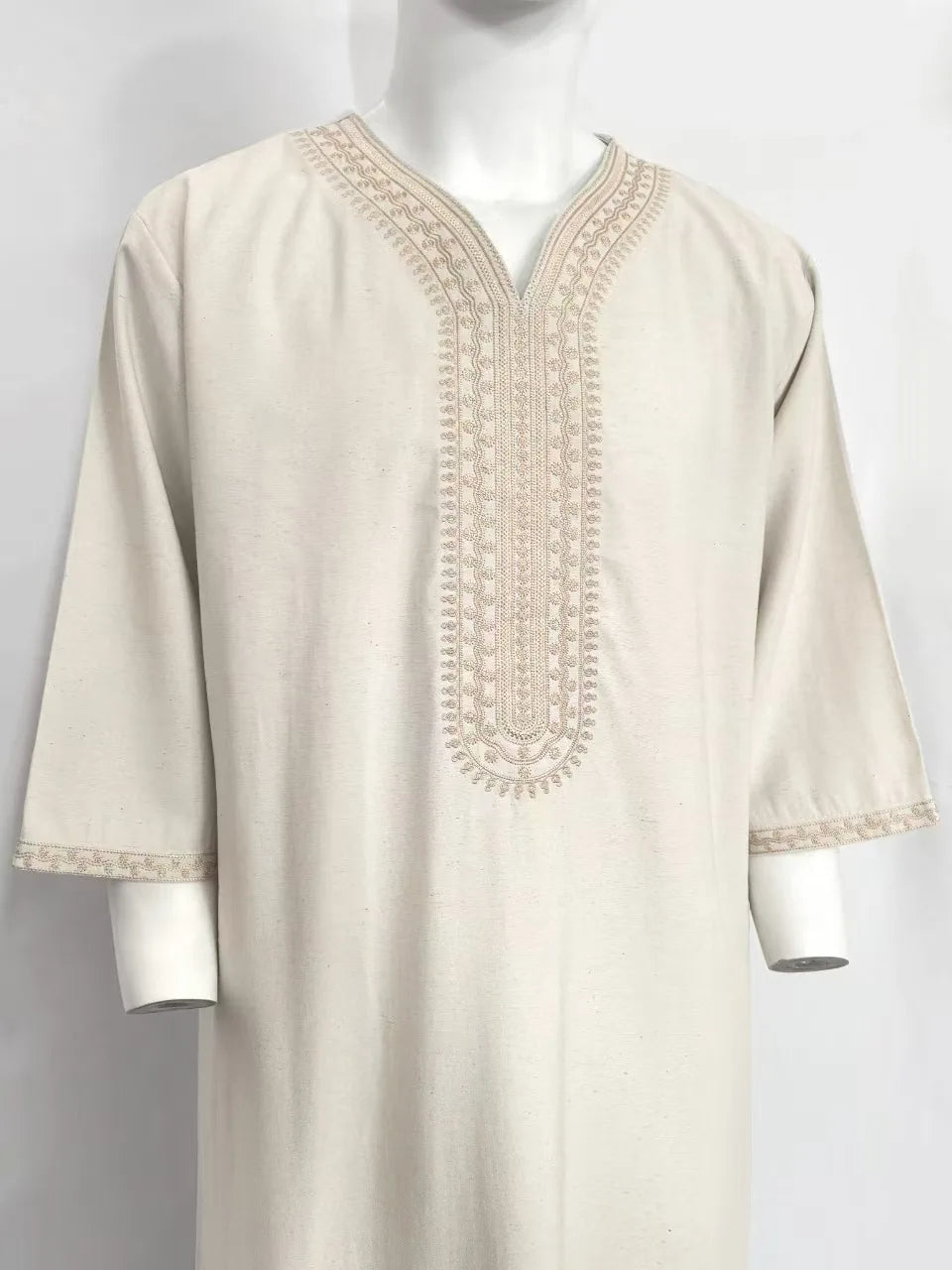 2025 New High-end Embroidered Thobe Men's Clothing Muslim Mid-sleeve Linen Robe with Pockets Ramadan Dubai Luxury Islam Elegant