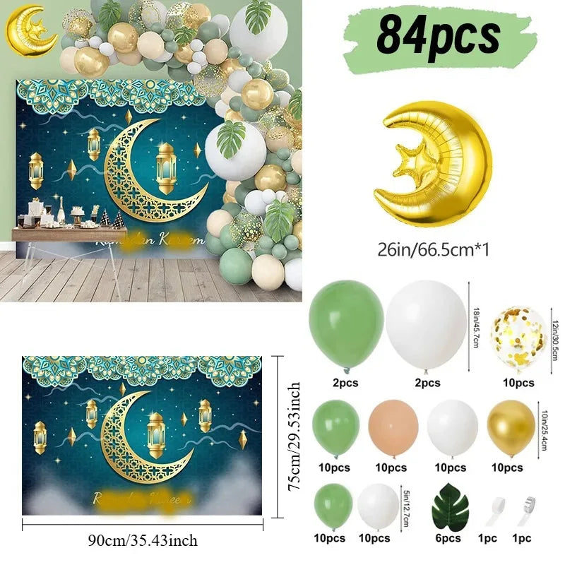 84pcs Eid Mubarak Green Gold Balloon Garland Arch Ramadan Kareem Decorations Home 2026 Aid Moubarak Islamic Festival Party Decor